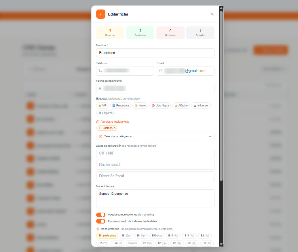 Ficha de cliente en el CRM de Lumel